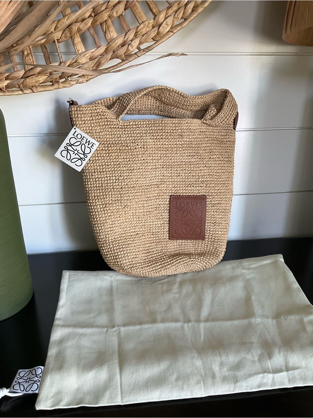 LOEWE Paula’s Ibiza Raffia Slit Mini Tote Bag with Leather Anagram - Picture 3 of 15